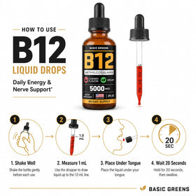 Gouttes de vitamine B12 BASIC GREENS sur fond blanc