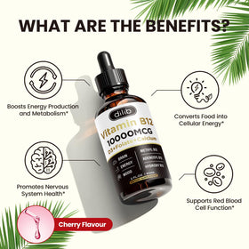 Gouttes de vitamine B12 dilib sur un comptoir, mise en scène naturelle