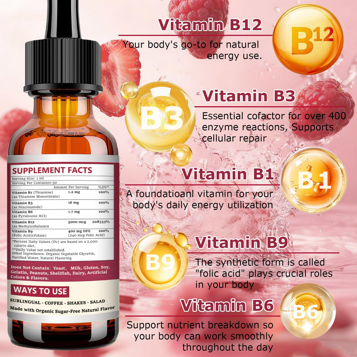 Gouttes de vitamine B12 JUIWEFKK 5000 mcg vue arrière avec ingrédients