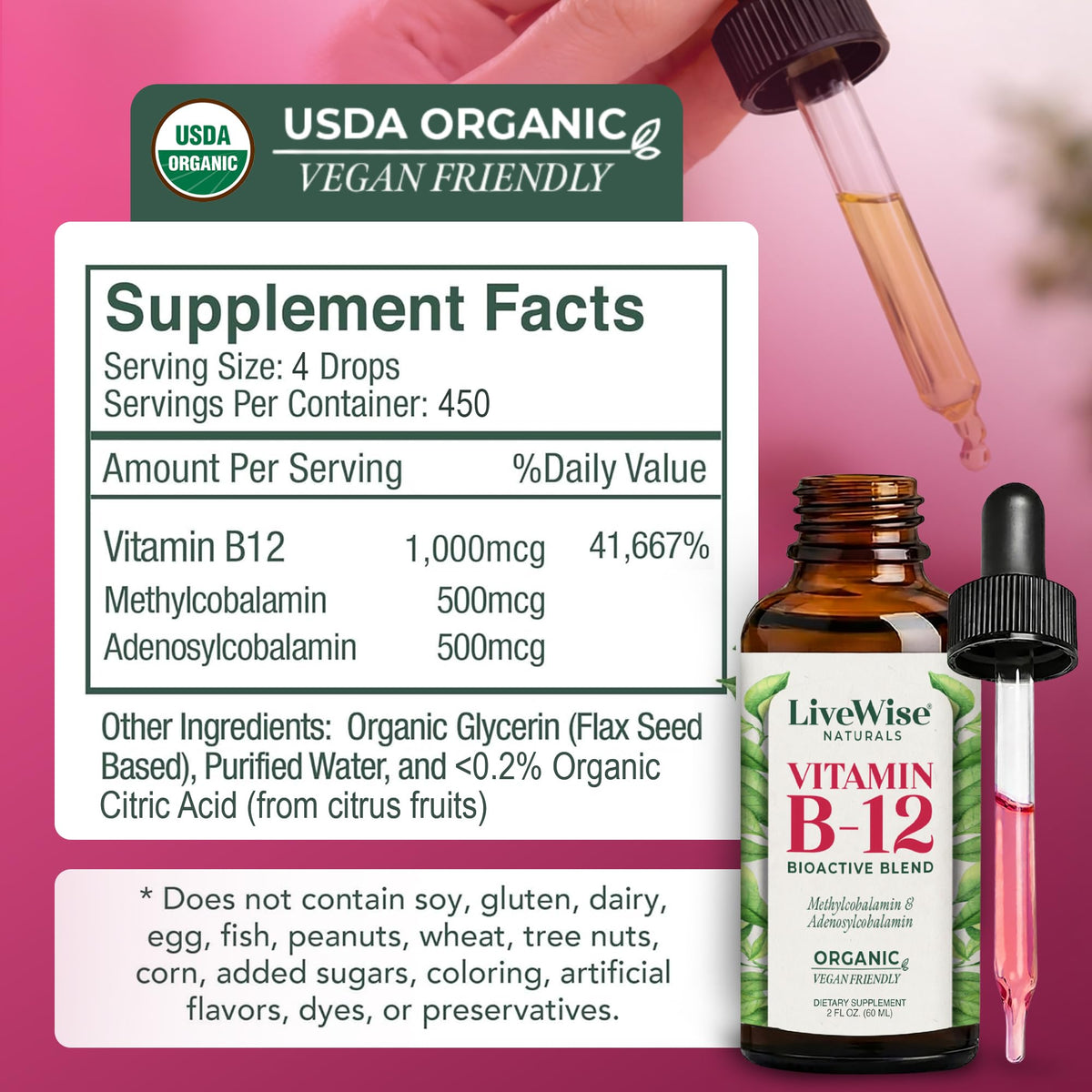 Gouttes de vitamine B12 liquide avec compte-gouttes