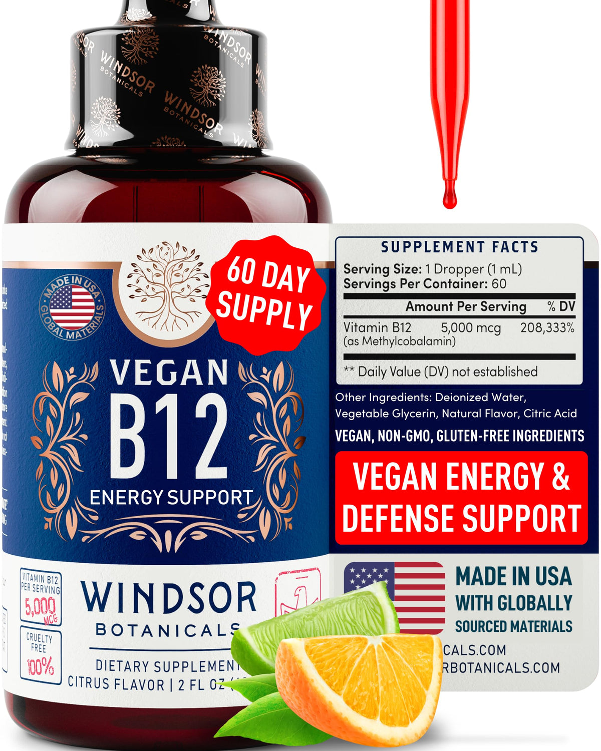 Gouttes de vitamine B12 liquide WINDSOR BOTANICALS 5000 mcg, flacon avant
