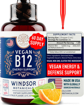 Gouttes de vitamine B12 liquide WINDSOR BOTANICALS 5000 mcg, flacon avant