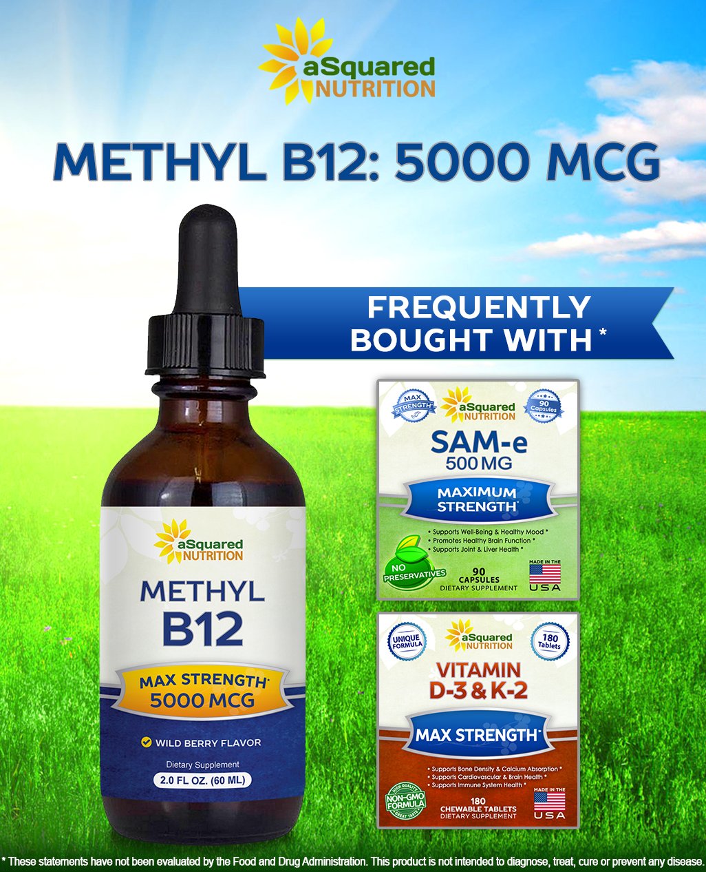 Gouttes de vitamine B12 Methylcobalamine d'aSquared Nutrition sur une table en bois