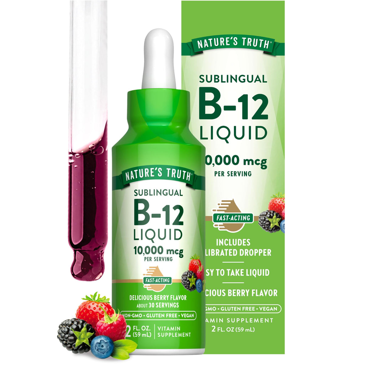 Gouttes de Vitamine B12 Nature's Truth 10 000 mcg vue avant avec bouchon