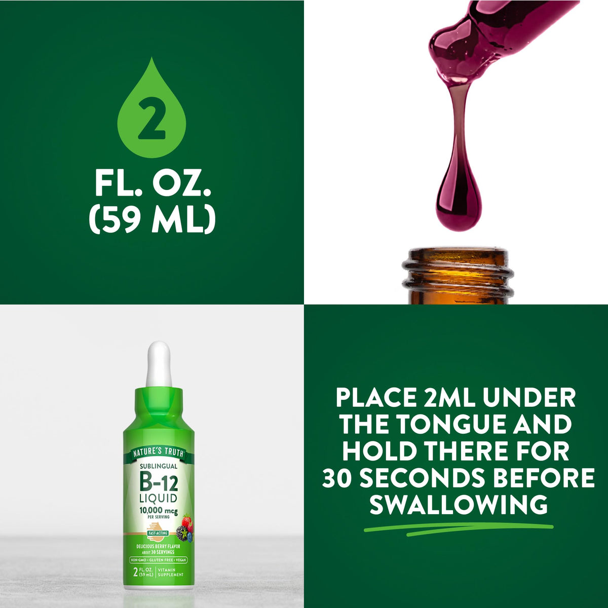 Gouttes de Vitamine B12 Nature's Truth sur une table avec des baies