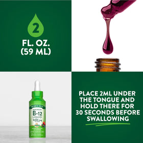 Gouttes de Vitamine B12 Nature's Truth sur une table avec des baies