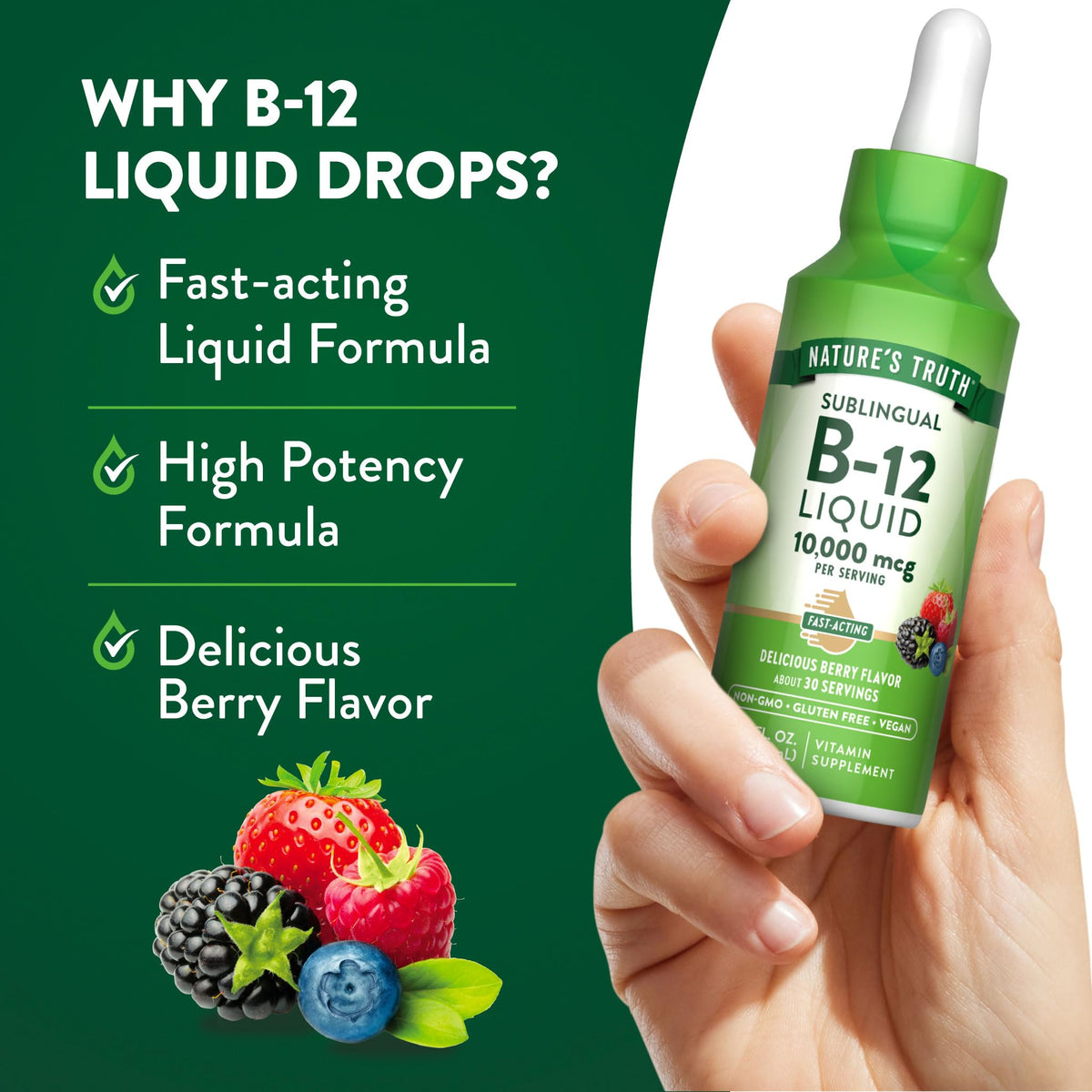 Gouttes de Vitamine B12 Nature's Truth versées dans une cuillère