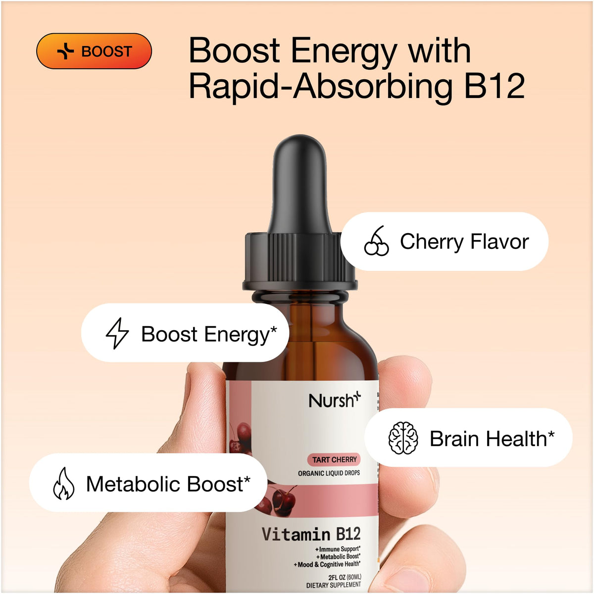 Gouttes de vitamine B12 Nursh+ avec une cuillère doseuse
