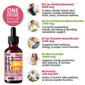 Gouttes de vitamine B12 NUSAVA sur un fond neutre