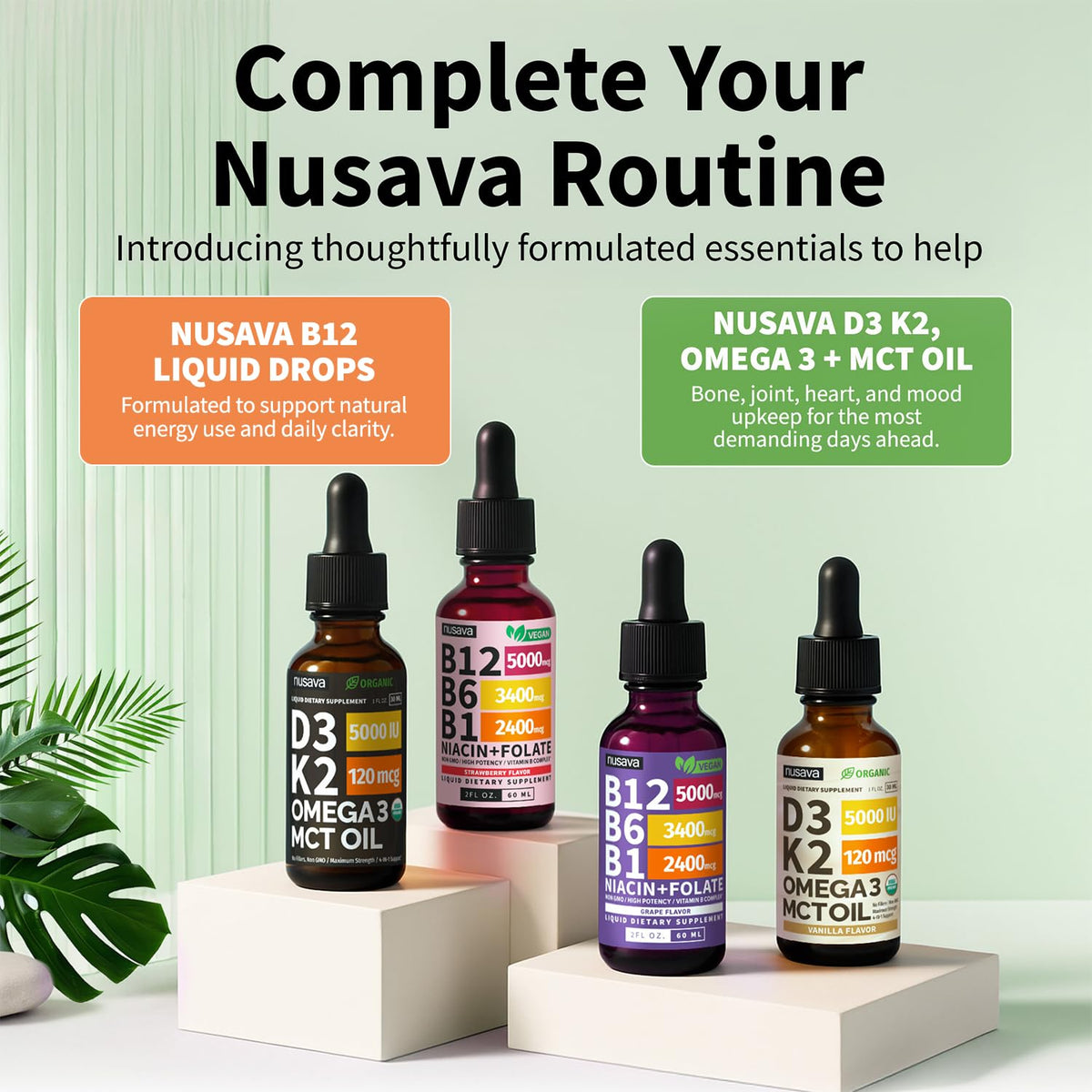 Gouttes de vitamine B12 NUSAVA sur une table en bois