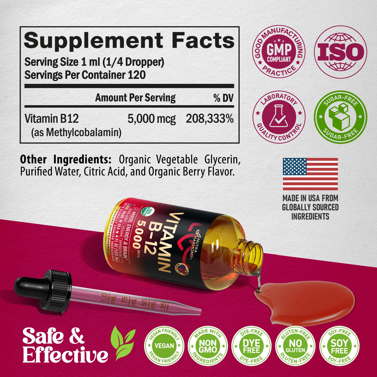 Gouttes de Vitamine B12 NUTRAHARMONY sur une table avec des baies