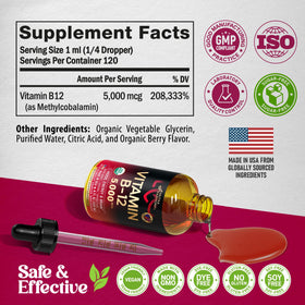 Gouttes de Vitamine B12 NUTRAHARMONY sur une table avec des baies