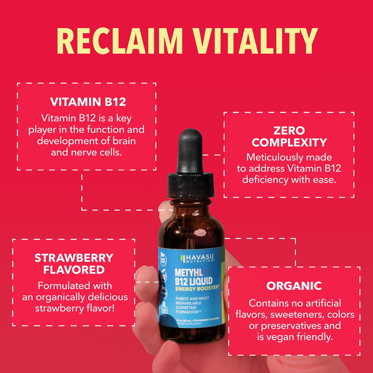 Gouttes de vitamine B12 sur une cuillère avec des fraises en arrière-plan