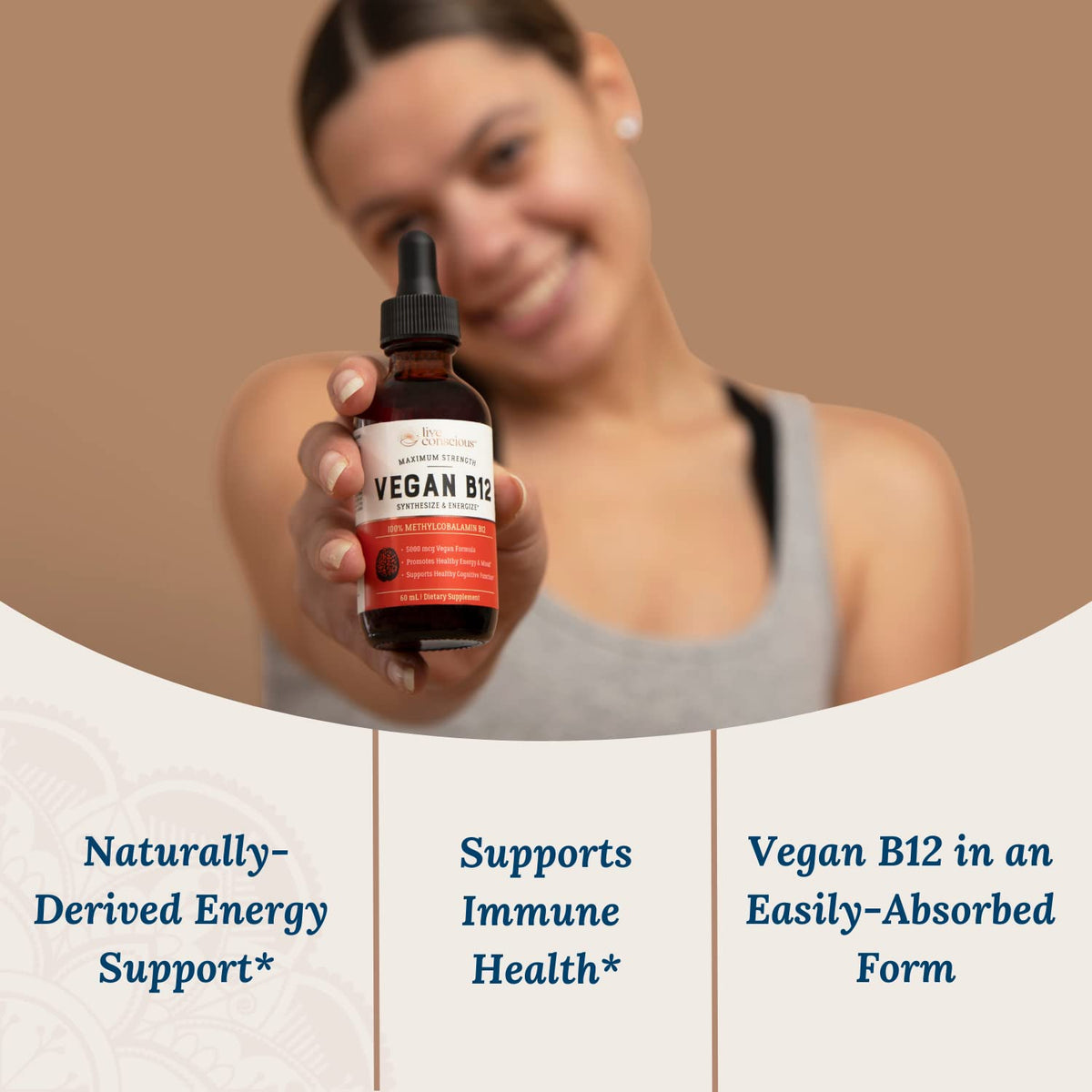 Gouttes de vitamine B12 végétaliennes Live Conscious avec compte-gouttes