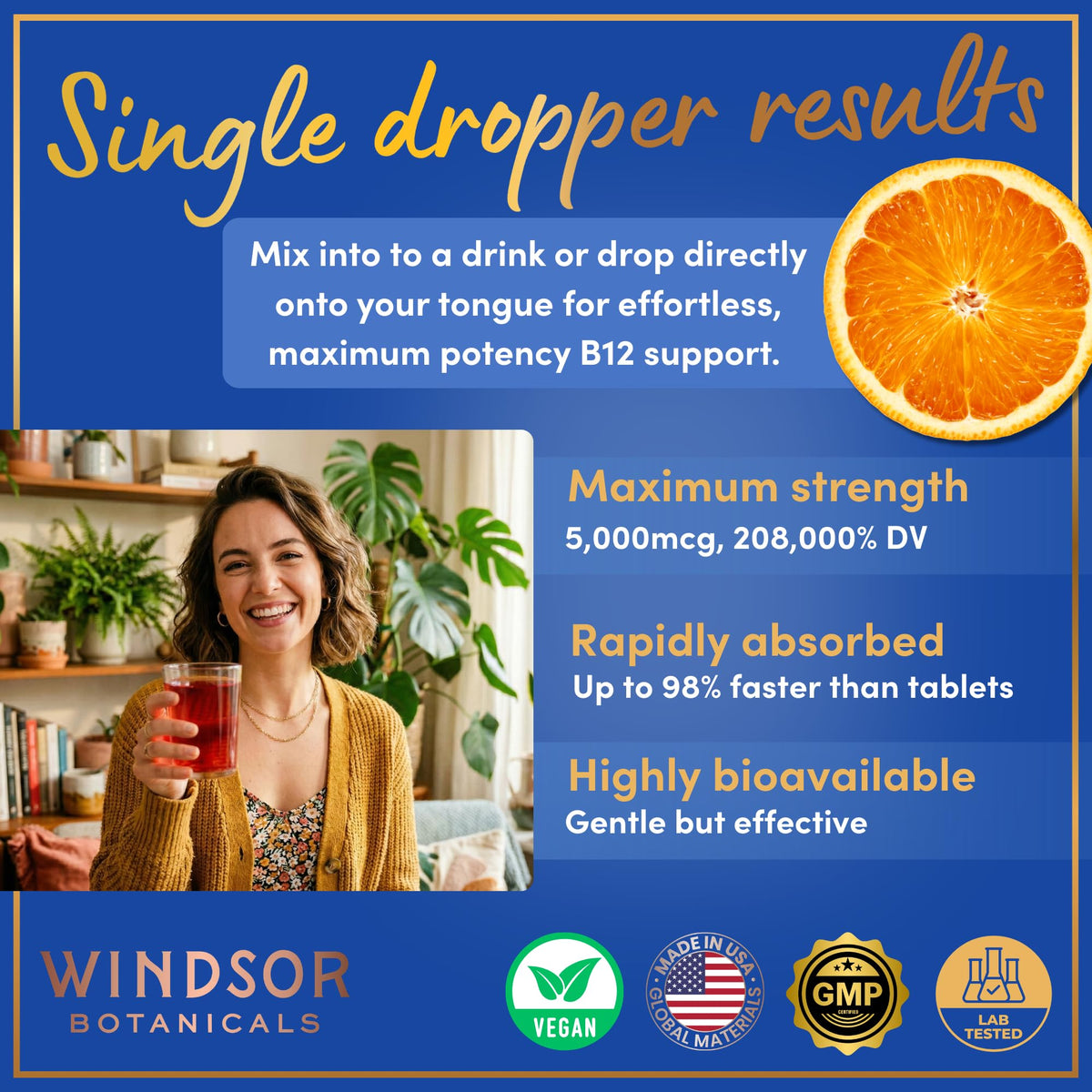 Gouttes de vitamine B12 WINDSOR BOTANICALS avec arrière-plan citron
