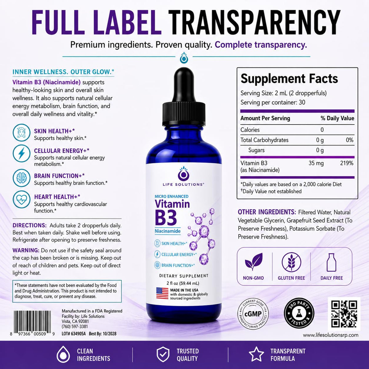 Gouttes de Vitamine B3 Niacinamide avec une cuillère doseuse