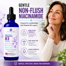Gouttes de Vitamine B3 Niacinamide Life Solutions avec un verre d'eau