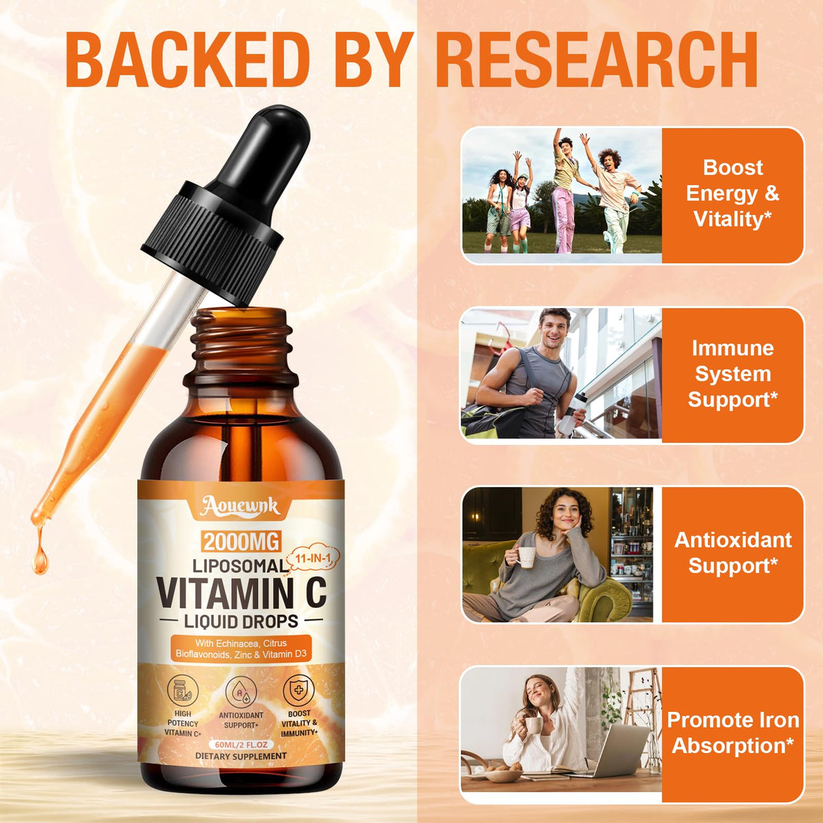 Gouttes de vitamine C Aouewnk sur une table en bois
