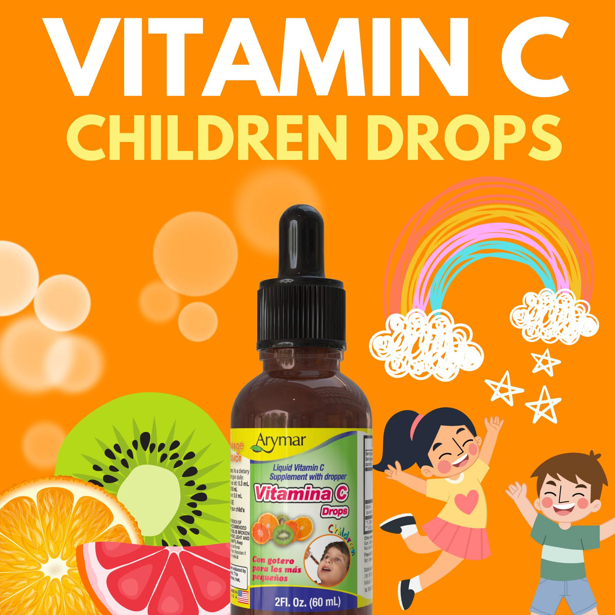 Gouttes de vitamine C Arymar avec étiquette orange