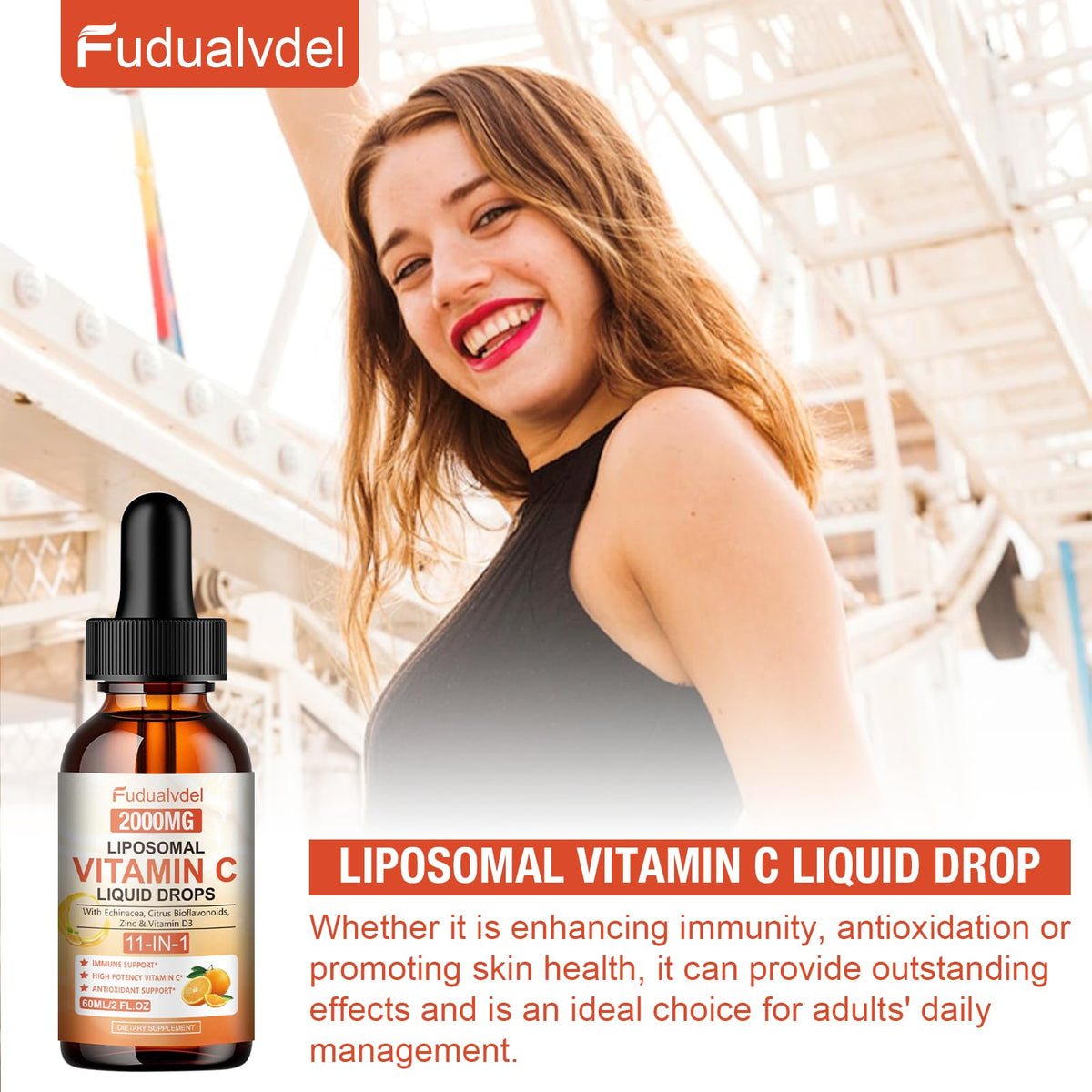 Gouttes de vitamine C Fudualvdel avec des ingrédients en arrière-plan