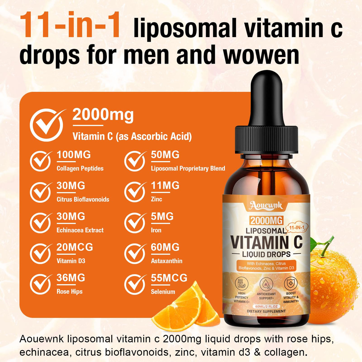 Gouttes de vitamine C liquide Aouewnk 2000mg avec pipette