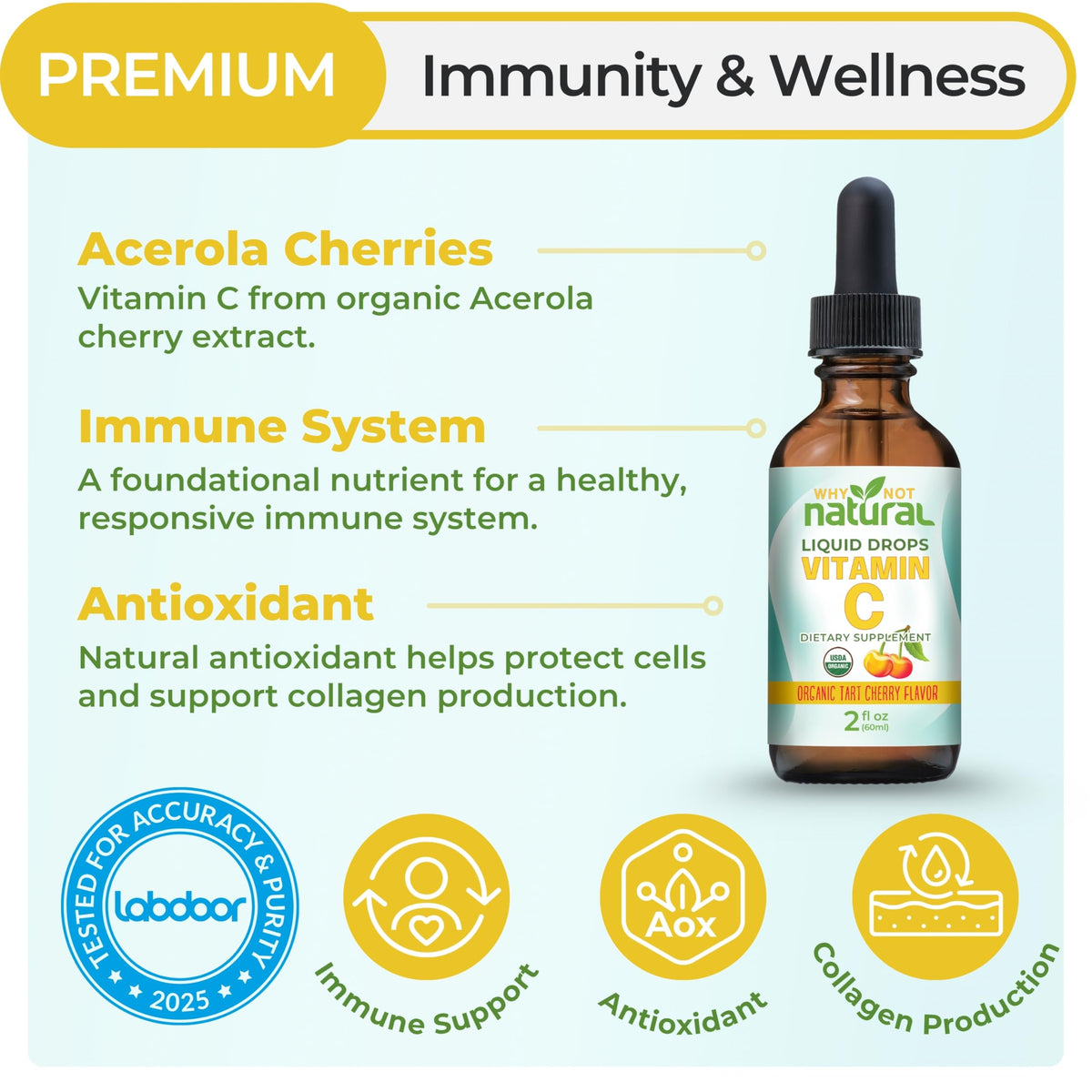 Gouttes de Vitamine C Liquide Bio Why Not Natural sur une cuillère
