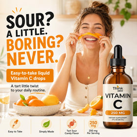 Gouttes de Vitamine C Think Above avec un verre d'eau