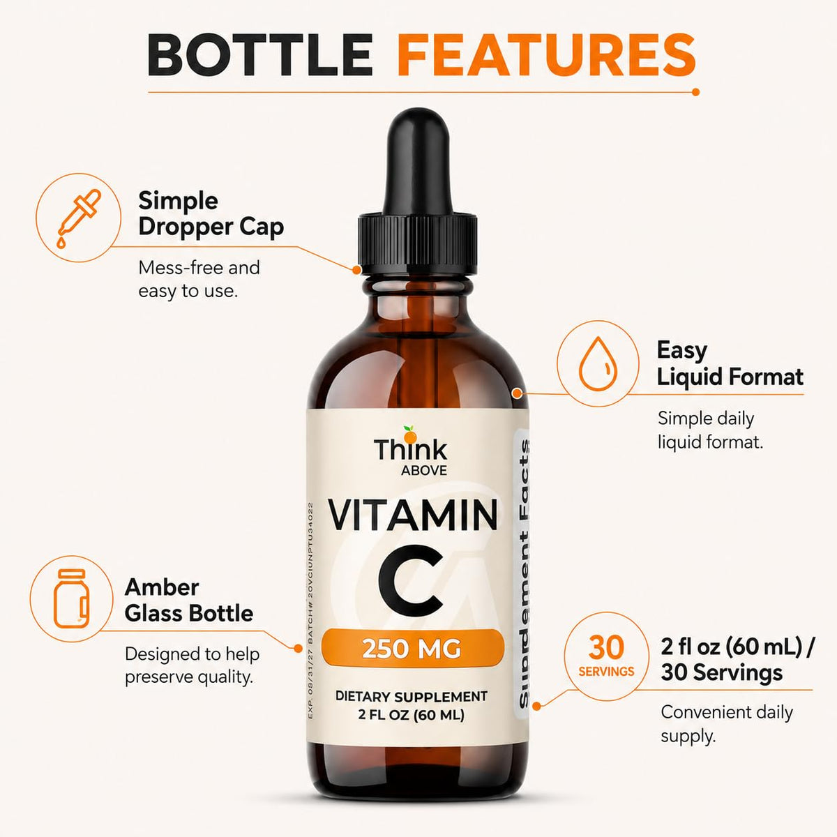 Gouttes de Vitamine C Think Above sur un fond neutre