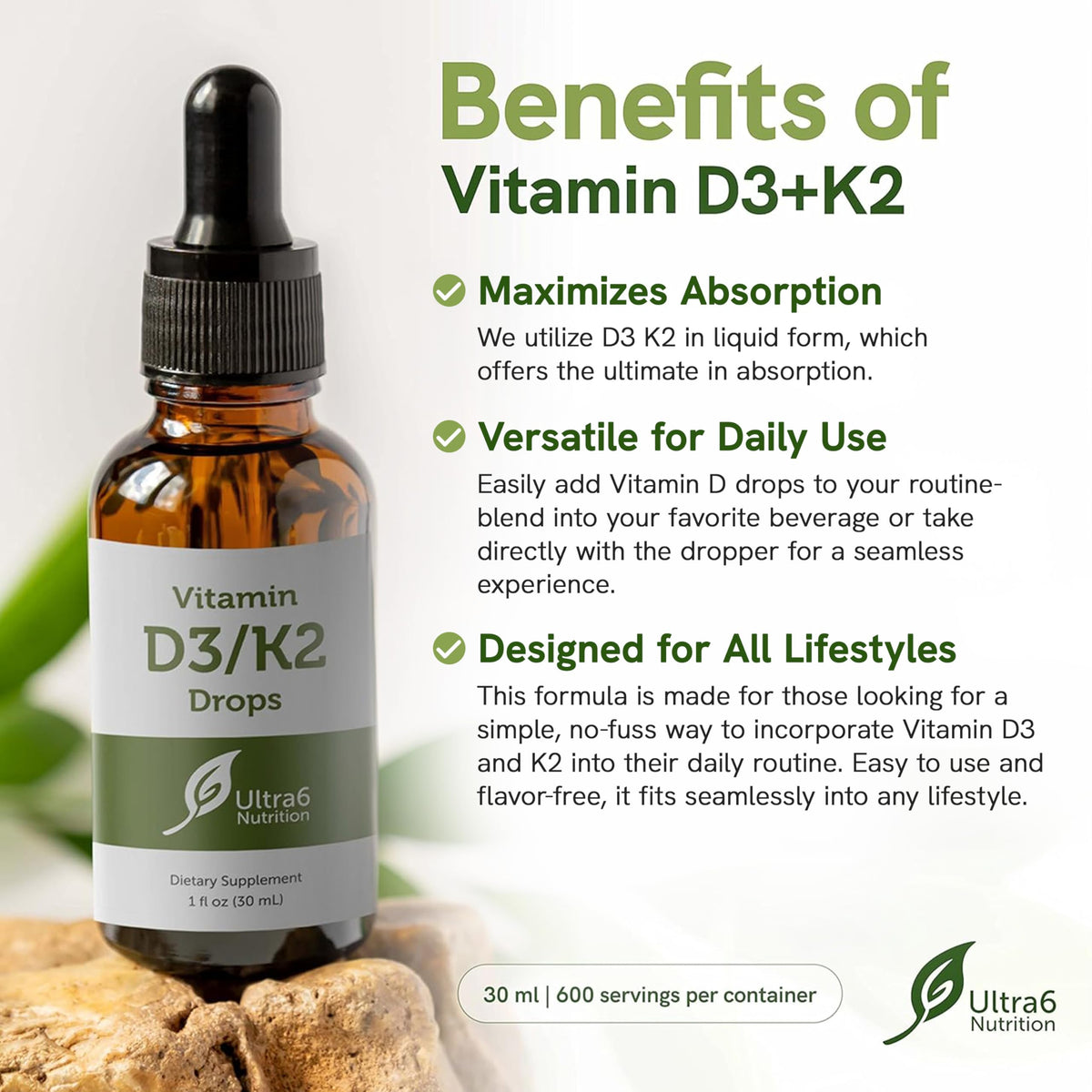 Gouttes de vitamine D et K2 Ultra6 Nutrition avec compte-gouttes