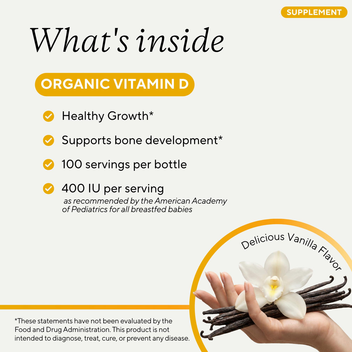 Gouttes de vitamine D Genexa, étiquette arrière avec ingrédients