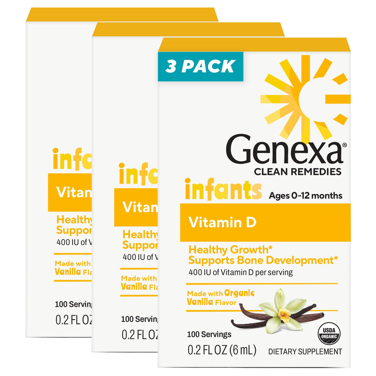 Gouttes de vitamine D Genexa, flacon de 90 doses, vue de face