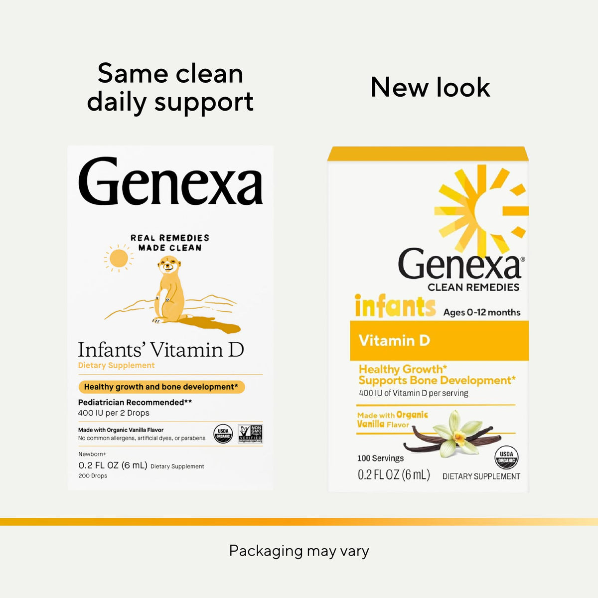 Gouttes de vitamine D Genexa, flacon ouvert avec dosage facile