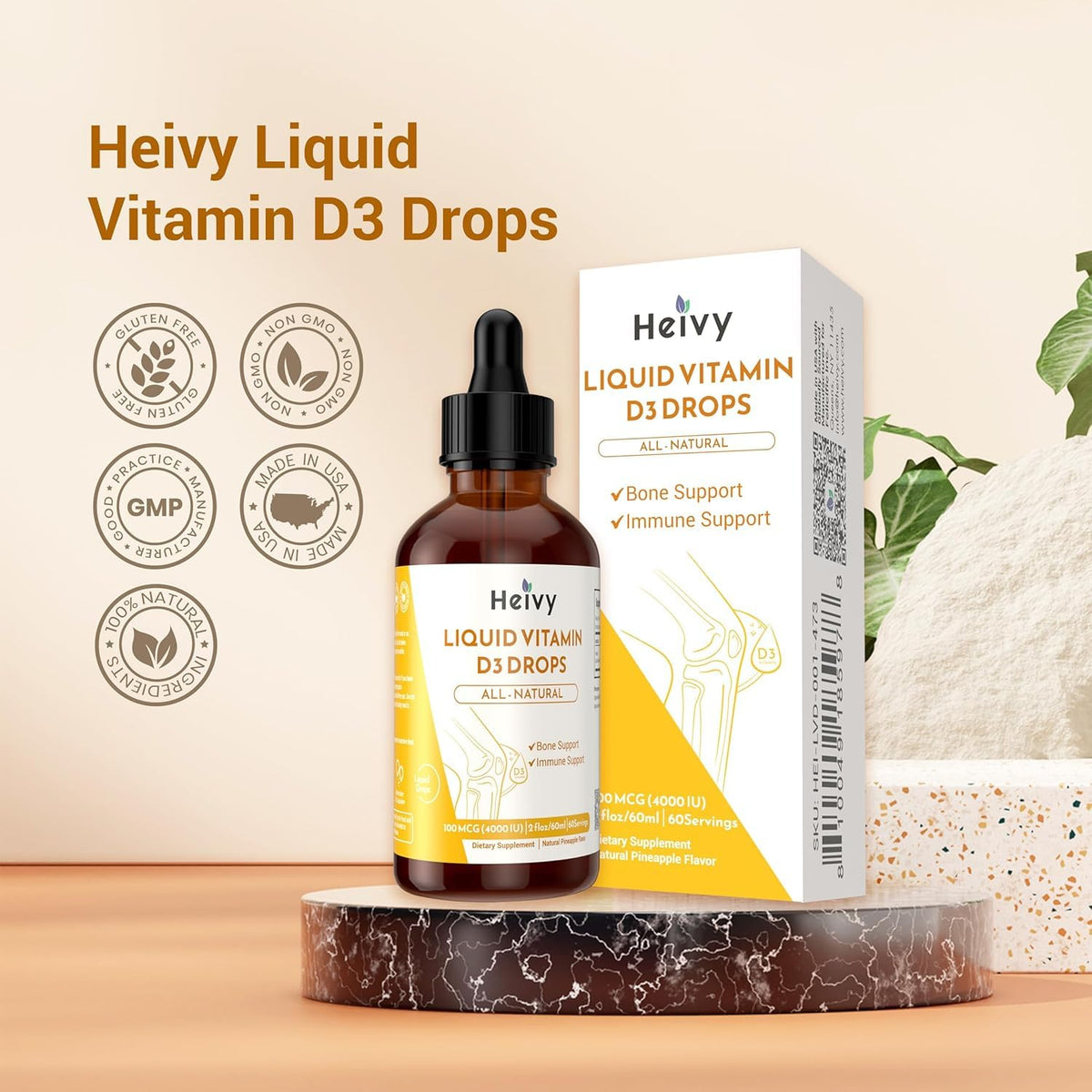 Gouttes de vitamine D Heivy avec des fruits frais en arrière-plan