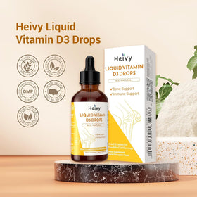 Gouttes de vitamine D Heivy avec des fruits frais en arrière-plan
