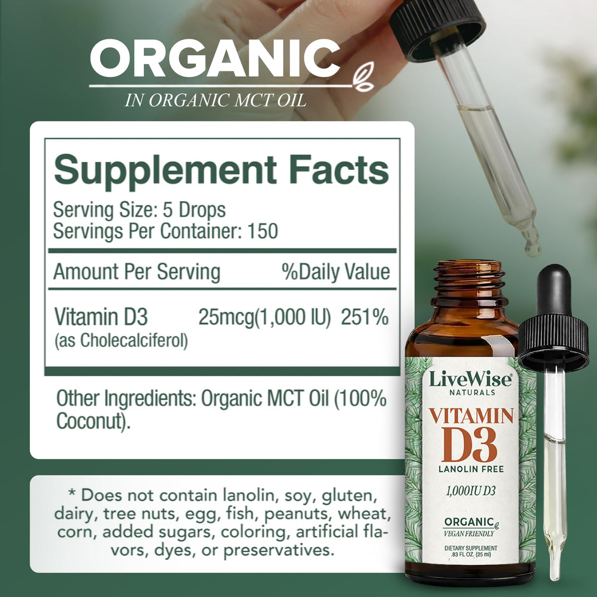 Gouttes de vitamine D3 1000 IU en bouteille en verre ambré