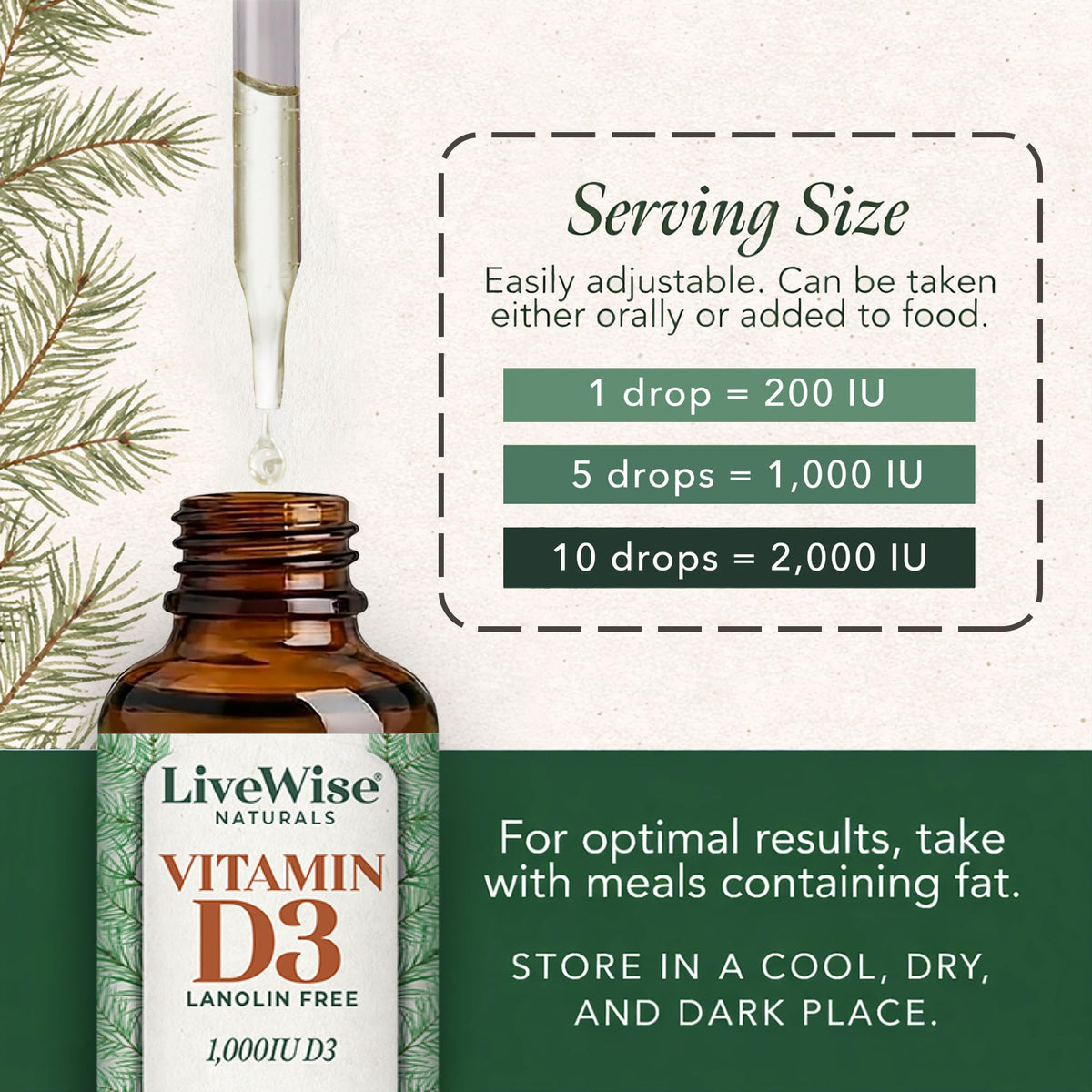 Gouttes de vitamine D3 1000 IU sous un angle latéral