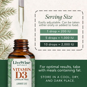 Gouttes de vitamine D3 1000 IU sous un angle latéral