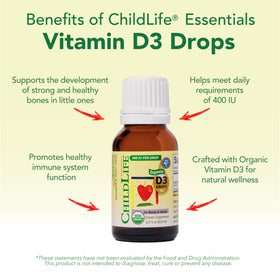 Gouttes de Vitamine D3 Bio CHILDLIFE ESSENTIALS à côté d'autres compléments