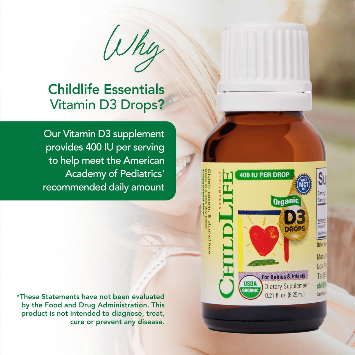 Gouttes de Vitamine D3 Bio CHILDLIFE ESSENTIALS avec étiquette détaillée