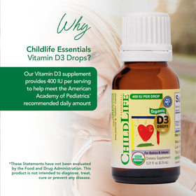 Gouttes de Vitamine D3 Bio CHILDLIFE ESSENTIALS avec étiquette détaillée