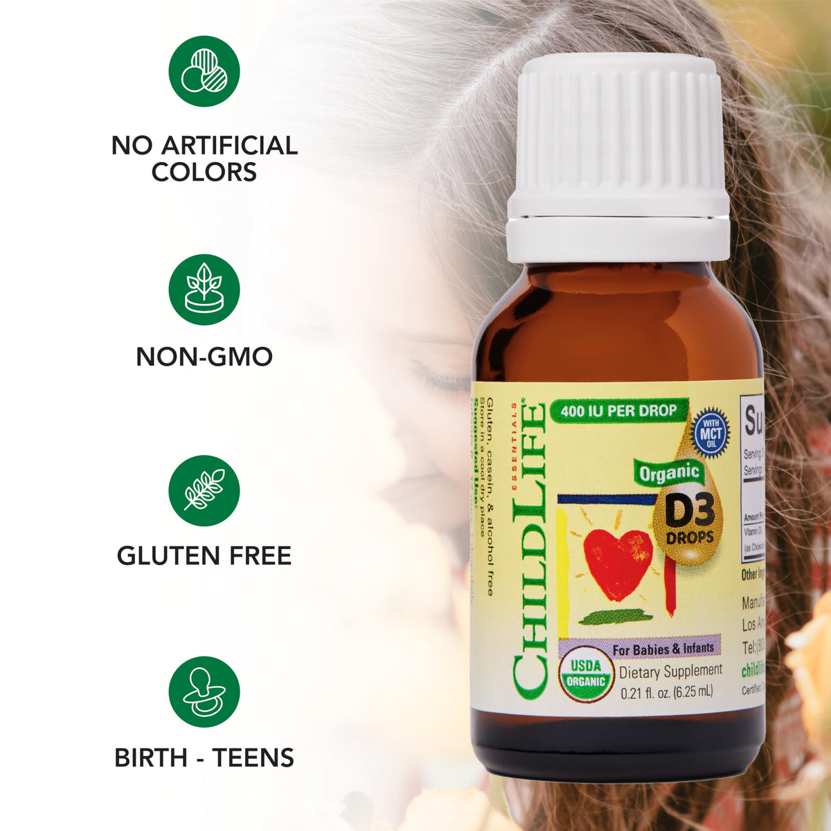 Gouttes de Vitamine D3 Bio CHILDLIFE ESSENTIALS en usage avec un nourrisson