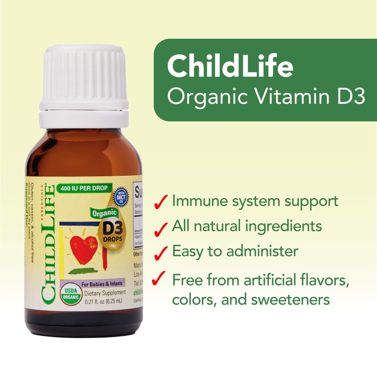 Gouttes de Vitamine D3 Bio CHILDLIFE ESSENTIALS sur fond blanc
