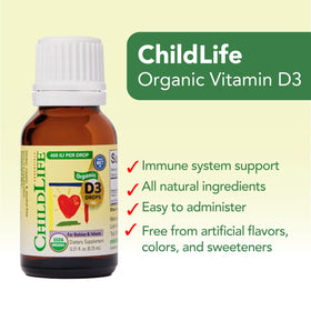 Gouttes de Vitamine D3 Bio CHILDLIFE ESSENTIALS sur fond blanc