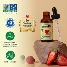 Gouttes de vitamine D3 CHILDLIFE ESSENTIALS avec étiquette visible