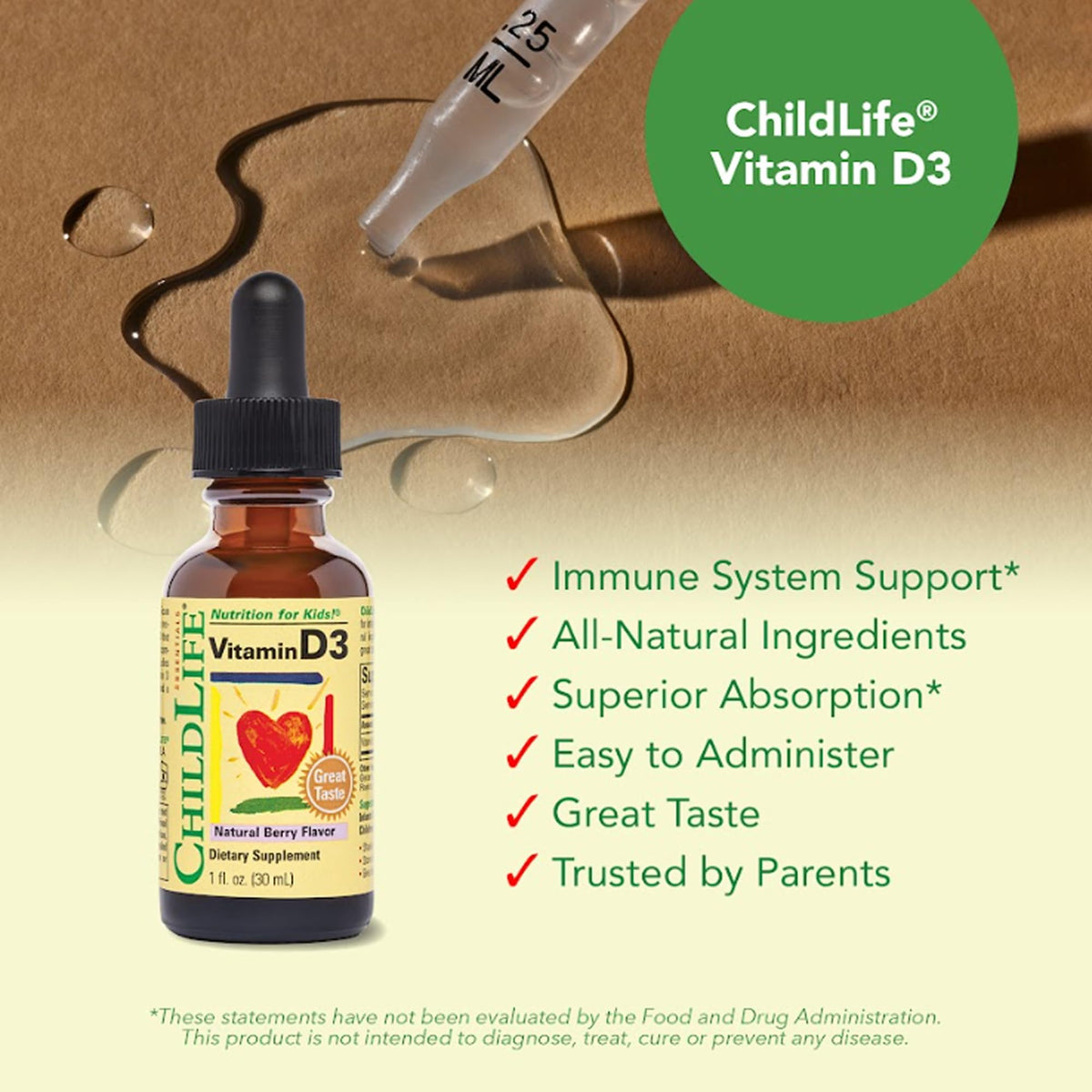 Gouttes de Vitamine D3 CHILDLIFE ESSENTIALS sur fond blanc
