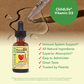 Gouttes de Vitamine D3 CHILDLIFE ESSENTIALS sur fond blanc