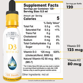 Gouttes de vitamine D3 et K2 Buried Treasure, flacon arrière avec informations nutritionnelles
