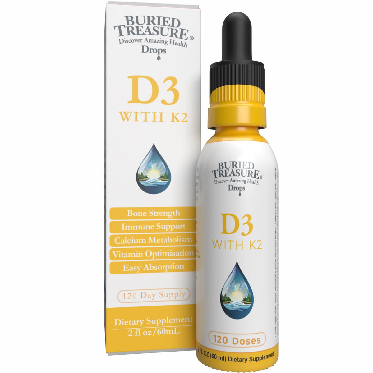 Gouttes de vitamine D3 et K2 Buried Treasure, flacon avant avec compte-gouttes