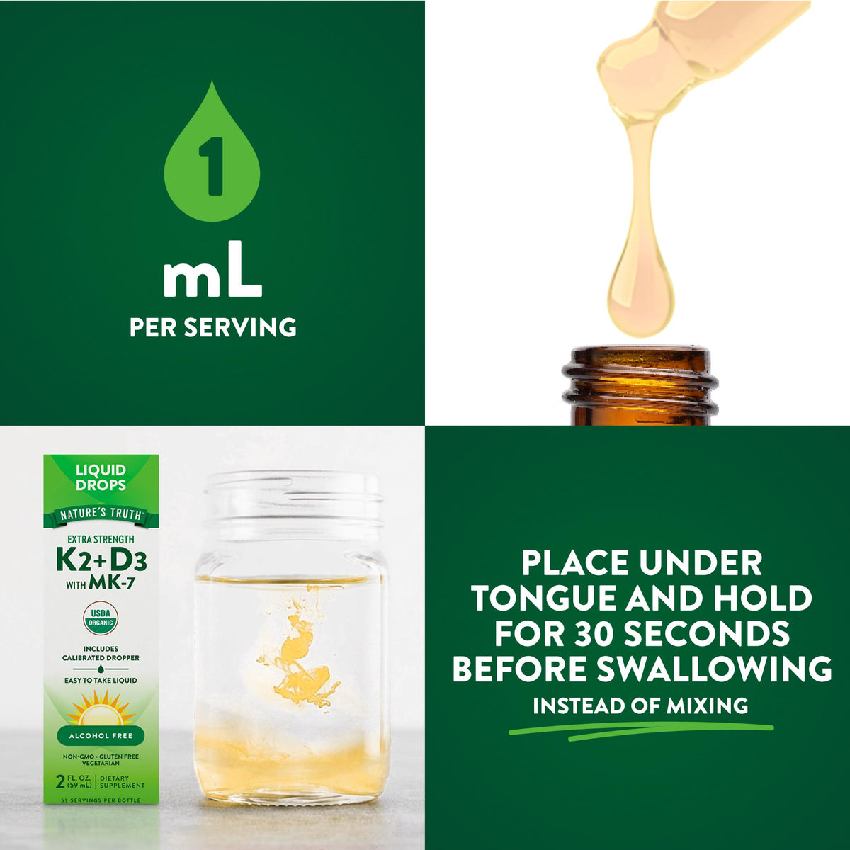 Gouttes de Vitamine D3 et K2 Nature's Truth en usage quotidien