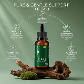 Gouttes de Vitamine D3 et K2 sur un fond naturel